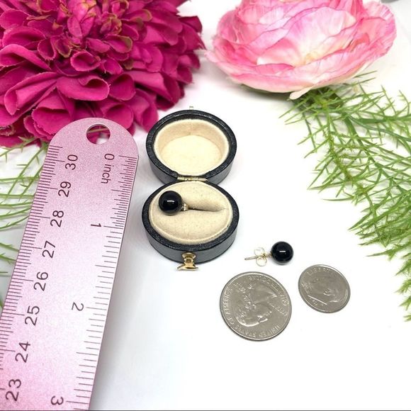 VINTAGE⚜️14K GOLD ONYX Polished 8MM Gemstone Orb Stud Earrings - Picture 11 of 13